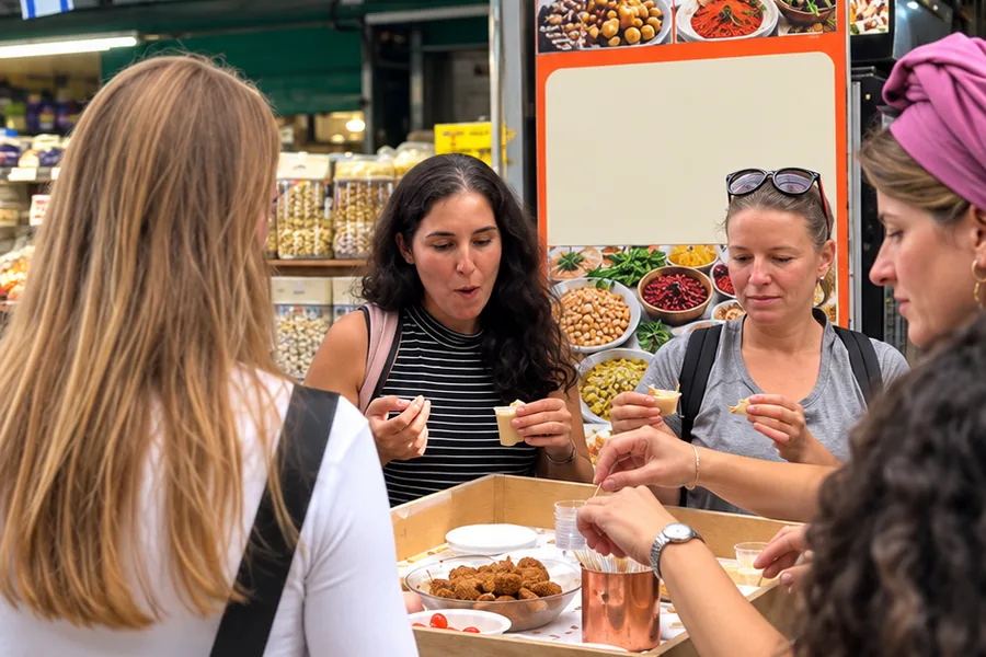 משתתפות אוכלות בדוכן, בסיבוב הטעימות