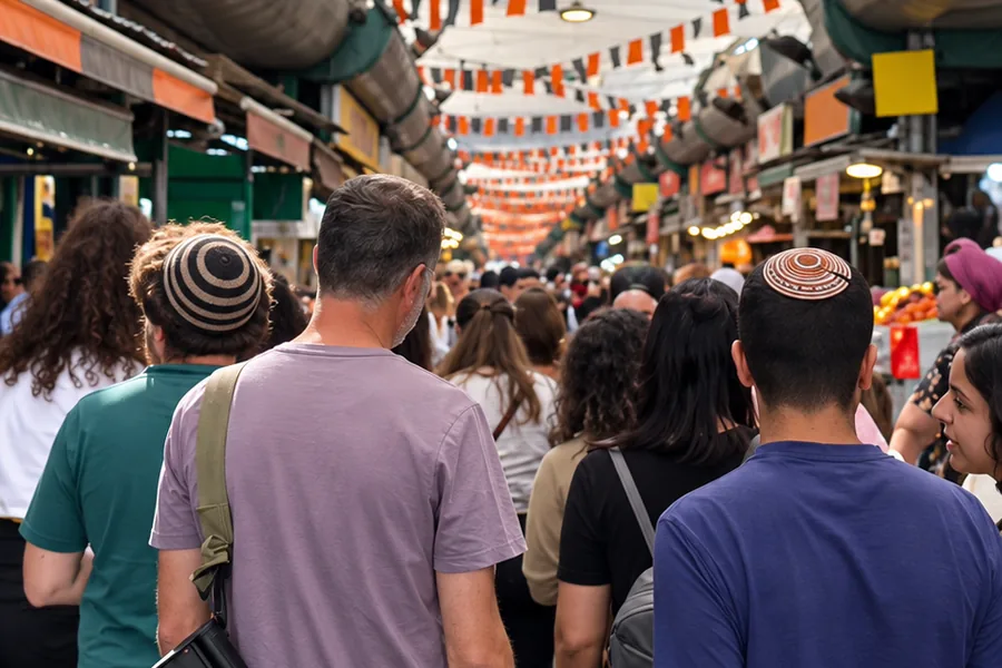 סמטה עמוסה בשוק, מתחת לסככות