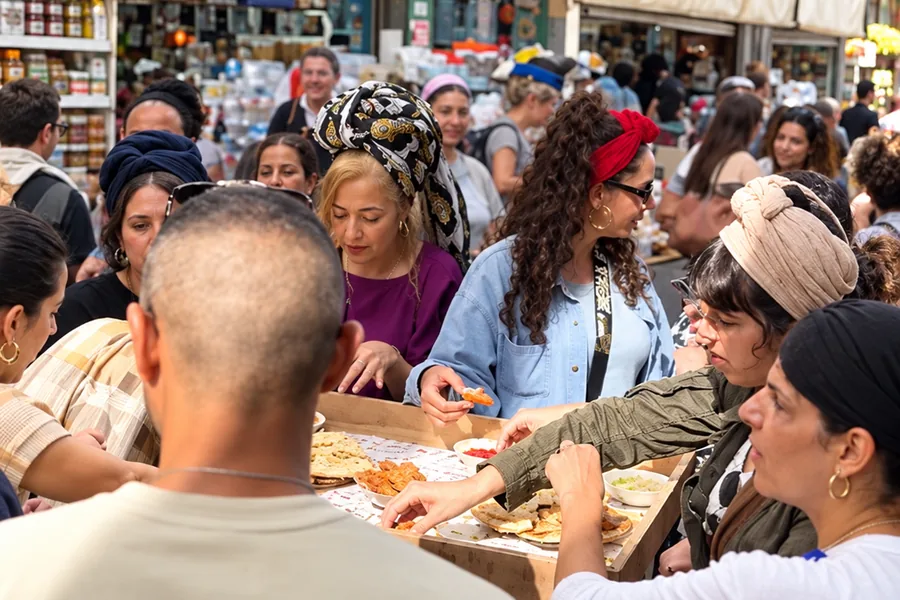 הקבוצה טועמת בדוכן בשוק