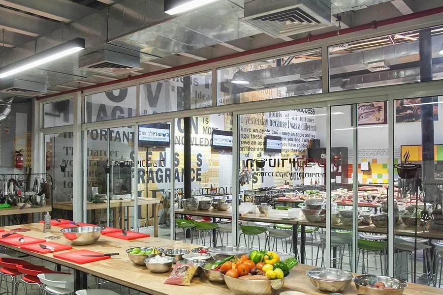 The studio hall seen through the glass front