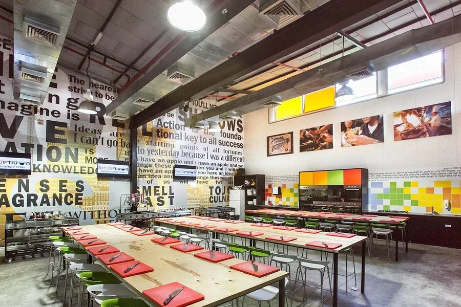The long work tables in the hall
