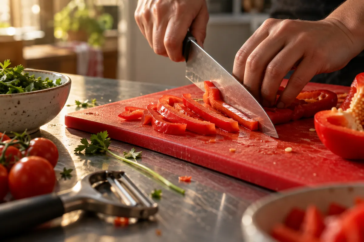 Hands chopping vegetables over stainless-steel bowls